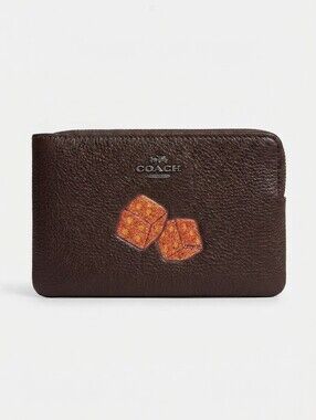 Coach Oxblood/Brown Pebbled Leather Corner Zip Wristet With Orange Dice